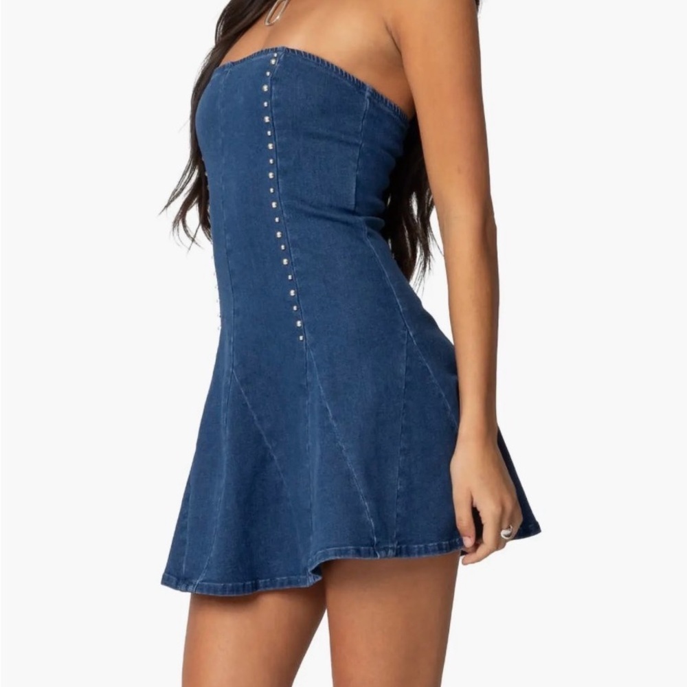 Edikted Strapless Dark Blue Denim Mini Dress with Stud Details
